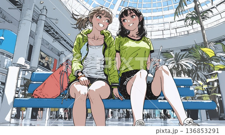 女友達と一緒にショッピングモールを歩き回る若い女性