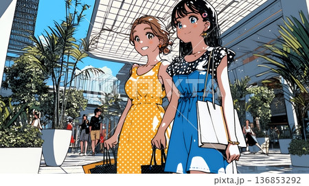 女友達と一緒にショッピングモールを歩き回る若い女性