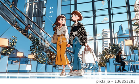 女友達と一緒にショッピングモールを歩き回る若い女性