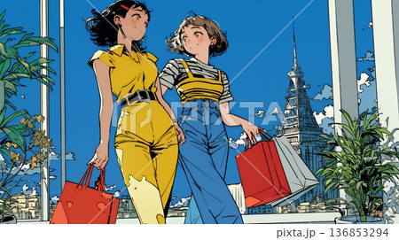 女友達と一緒にショッピングモールを歩き回る若い女性