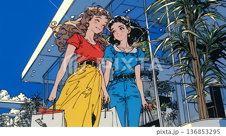 女友達と一緒にショッピングモールを歩き回る若い女性