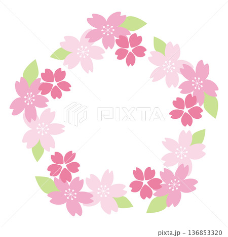 シンプルな桜のフレーム　葉っぱ付き 136853320