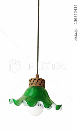 Vintage green lamp hang above on ceiling isolated on white background with clipping path Vintage green lamp hang above on ceiling isolated on white background with clipping path 136853436