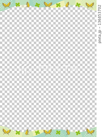 蝶とクローバーと幾何学模様と波の上下の縦型のフレーム_ 緑 136853702