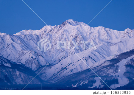 冬の北アルプス・五竜岳の雄大な山容と青空(長野県白馬村) 冬の北アルプス・五竜岳の雄大な山容と青空(長野県白馬村) 136853936
