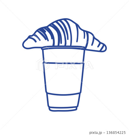 Linear blue drawing of a croissant on a paper takeaway coffee cup. Minimalist outline sketch Linear blue drawing of a croissant on a paper takeaway coffee cup. Minimalist outline sketch 136854225