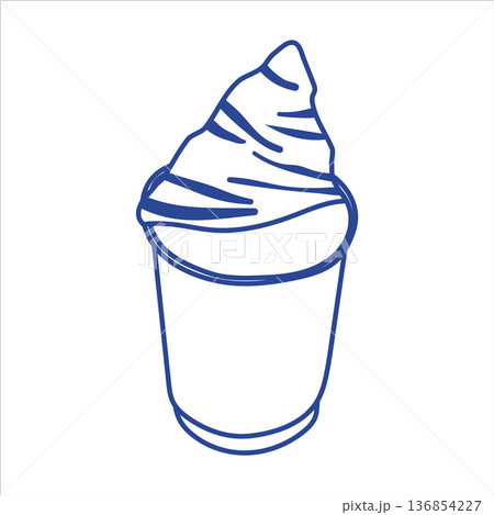 Blue sketch of a fresh croissant dipped into a tall glass of coffee. Hand drawn contour art 136854227