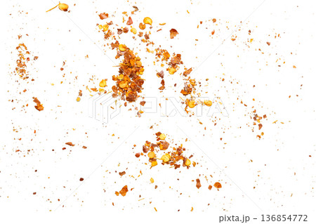 dried red chili pepper flakes and seeds isolated on white background 136854772