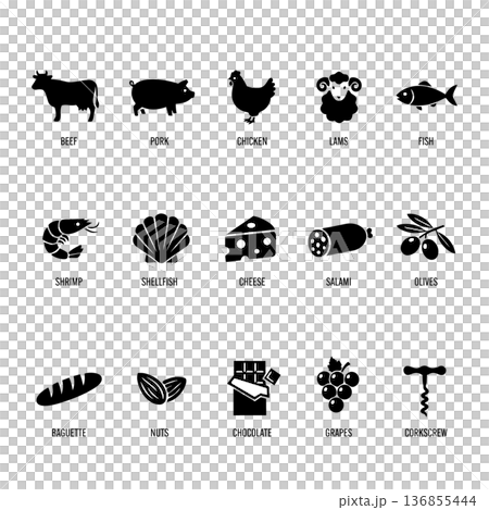 Icon set of ingredients and dishes that go well with wine (beef, pork, cheese, snacks, etc.) 136855444