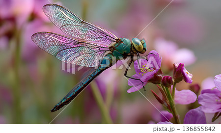 春の花に止まるイリデッセント色をした虹色のトンボ 春の花に止まるイリデッセント色をした虹色のトンボ 136855842