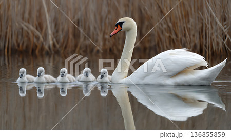 春の湖で優雅に泳ぐ白鳥一家と静水に映る姿 春の湖で優雅に泳ぐ白鳥一家と静水に映る姿 136855859