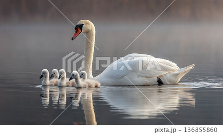 春の湖で優雅に泳ぐ白鳥一家と静水に映る姿 春の湖で優雅に泳ぐ白鳥一家と静水に映る姿 136855860