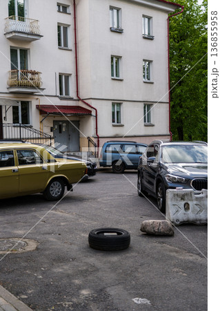 The old courtyard in Osmolovka district, Minsk. Parked cars 136855958