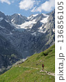 Hiker on Tour du Mont Blanc trail viewing glaciers in Val Ferret, Switzerland 136856105