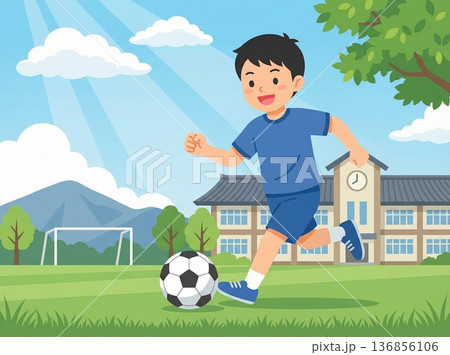 校庭でサッカーボールをドリブルする小学生男子のイラスト 136856106