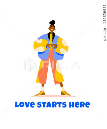 Love Starts Here. Self Love and Inner Peace Flat Vector Illustration. Woman Making Heart Gesture 136856431