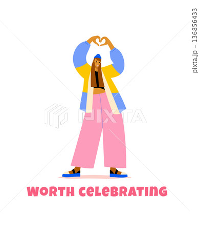 Worth Celebrating. Self Love and Inner Peace Flat Vector Illustration. Woman Making Heart Gesture Worth Celebrating. Self Love and Inner Peace Flat Vector Illustration. Woman Making Heart Gesture 136856433
