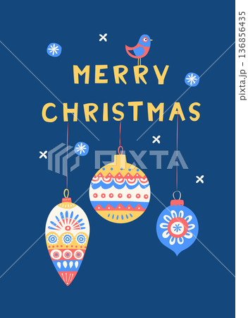 Merry Christmas Folk Art Card, Scandinavian Winter Illustration with Ornaments and Bird 136856435