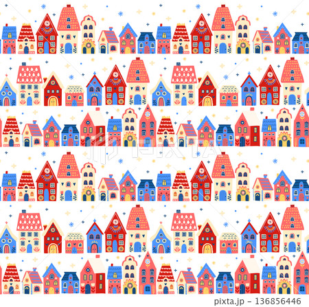 Scandinavian Winter Village seamless pattern, Cozy Folk Art Houses Illustration 136856446