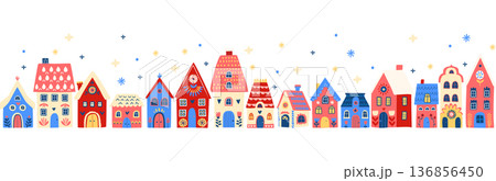 Scandinavian Winter Village seamless border pattern, Cozy Folk Art Houses Illustration Scandinavian Winter Village seamless border pattern, Cozy Folk Art Houses Illustration 136856450