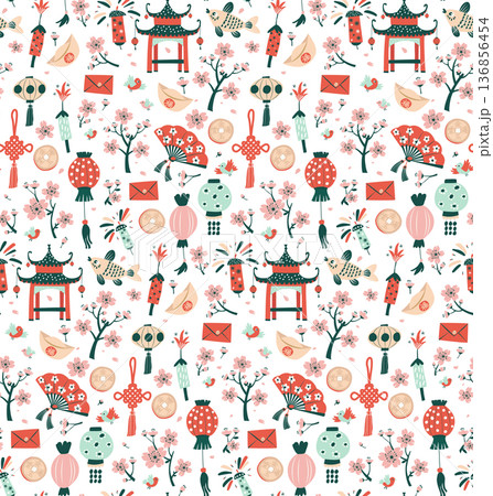Spring Blossom Festival seamless pattern, Lanterns, Sakura, and Fireworks Illustration 136856454