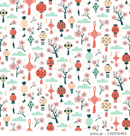 Spring Blossom Festival seamless pattern, Lanterns and Sakura seamless pattern Illustration 136856463
