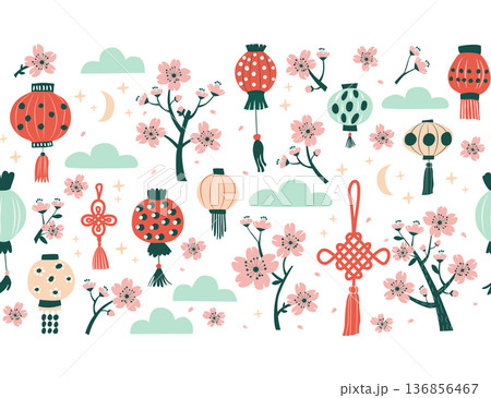 Spring Blossom Festival seamless pattern, Lanterns and Sakura seamless pattern border Spring Blossom Festival seamless pattern, Lanterns and Sakura seamless pattern border 136856467