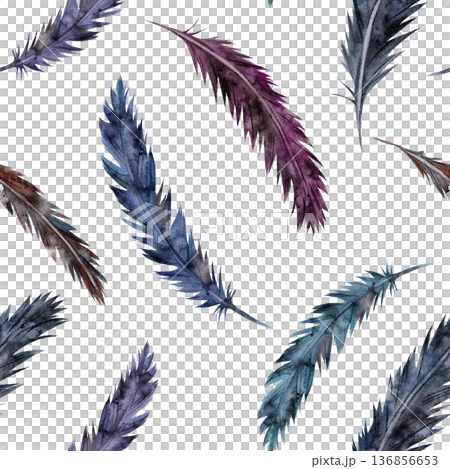Seamless watercolor pattern of realistic illustrations of dark bird feathers on white background, hand-drawn. For mystical textile design, esoteric, magic and nature wallpaper 136856653