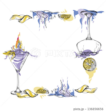 Vector frame of violet cocktails, burning fire flames, lemon peel and juice. Abstract color splashes and clean ink outlines. Hand drawn for themed menus, creative layouts, blog headers and packaging. 136856656