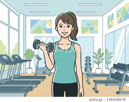 ジムでダンベルトレーニングする20代女性のイラスト 136856676