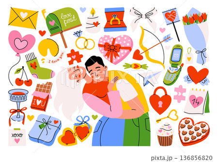 Romantic stickers set and illustrations for Valentine's Day, holidays, weddings, celebrations. Love, infatuation, passion. A loving couple hugging. Love items, heart, cupcake, rings, bow, gift, etc. Romantic stickers set and illustrations for Valentine's Day, holidays, weddings, celebrations. Love, infatuation, passion. A loving couple hugging. Love items, heart, cupcake, rings, bow, gift, etc. 136856820