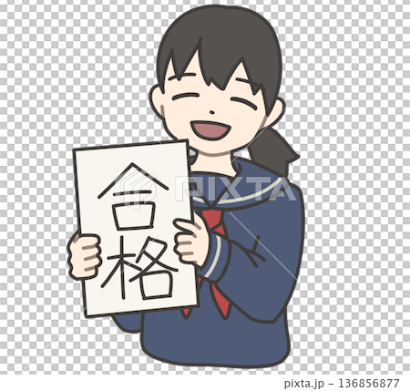 一個身穿水手服的女孩微笑著展示了她的及格成績。 136856877