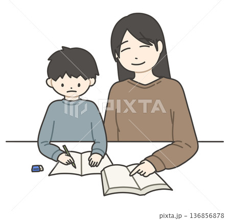 お母さんと勉強する男の子 お母さんと勉強する男の子 136856878