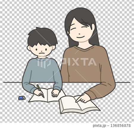 お母さんと勉強する男の子 お母さんと勉強する男の子 136856878