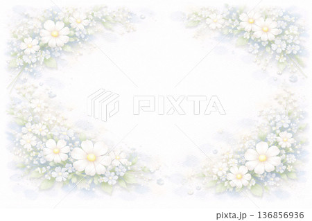 ホワイトデーシリーズ：白い花が囲む優しいフレーム背景 136856936