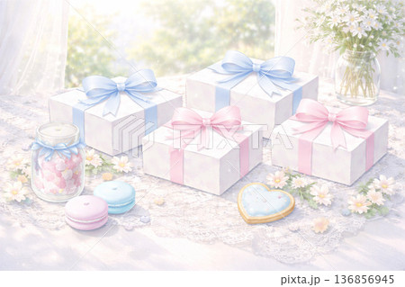 ホワイトデーシリーズ:レース布とギフトの上品な背景 ホワイトデーシリーズ:レース布とギフトの上品な背景 136856945