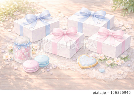 ホワイトデーシリーズ：木目背景と白いリボンギフトの素材 136856946