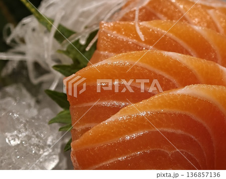 Fresh Salmon Sashimi Crushed Ice Daikon Shiso Garnish Fresh Salmon Sashimi Crushed Ice Daikon Shiso Garnish 136857136