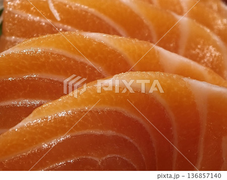 Fresh Salmon Sashimi Crushed Ice Daikon Shiso Garnish 136857140