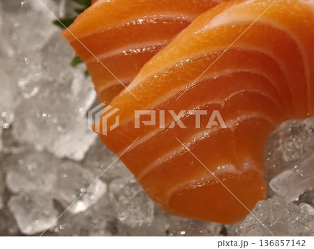 Fresh Salmon Sashimi Crushed Ice Daikon Shiso Garnish Fresh Salmon Sashimi Crushed Ice Daikon Shiso Garnish 136857142
