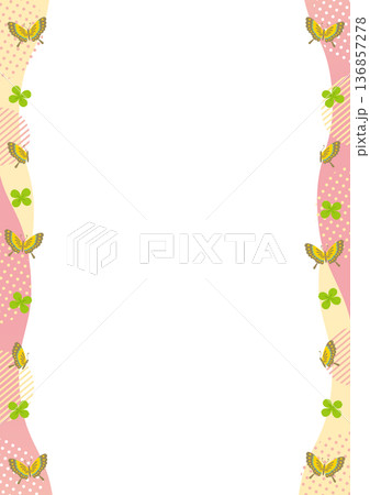 蝶とクローバーと幾何学模様と波の左右の縦型のフレーム_ ピンク 136857278