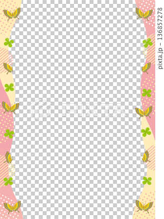 蝶とクローバーと幾何学模様と波の左右の縦型のフレーム_ ピンク 136857278