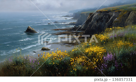春の野花に彩られた海岸の崖と大洋の劇的な風景 136857331
