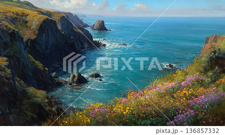 春の野花に彩られた海岸の崖と大洋の劇的な風景 136857332