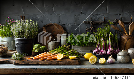 春野菜とハーブが並ぶキッチンカウンターの調理準備 136857334