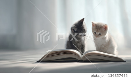 本を見つめる二匹の子猫のやさしい時間 本を見つめる二匹の子猫のやさしい時間 136857453