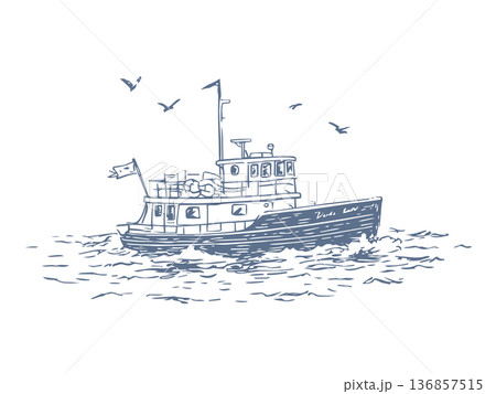 Tugboat Sailing on Sea Waves with Seagulls Hand Drawn Vector Illustration of Tourist Boat. 136857515