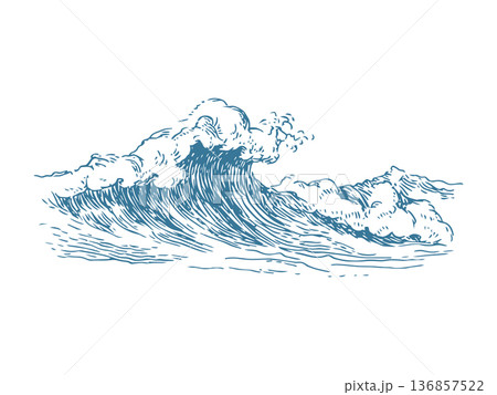 Decorative Ocean Waves Vector Illustration in Vintage Engraving Ink Drawing Style 136857522