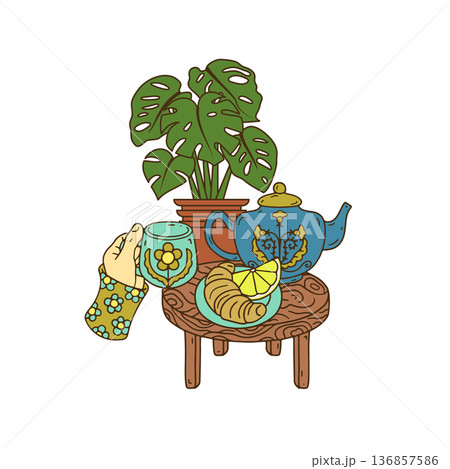 Cozy scandinavian lifestyle scene with tea pot and hand holding mug. Hand drawn line art peaceful breakfast composition 136857586