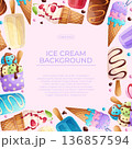 Colorful background with delicious ice cream. The concept of summer, relaxation, sweets. Vector illustration for the design of posters, flyers, postcards, invitations 136857594